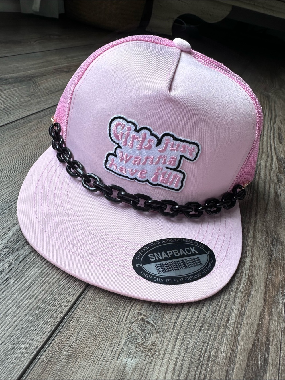 Girls Just Wanna Have Fun Pink Hat Flat Brim Trucker Hat Baseball Cap Chain